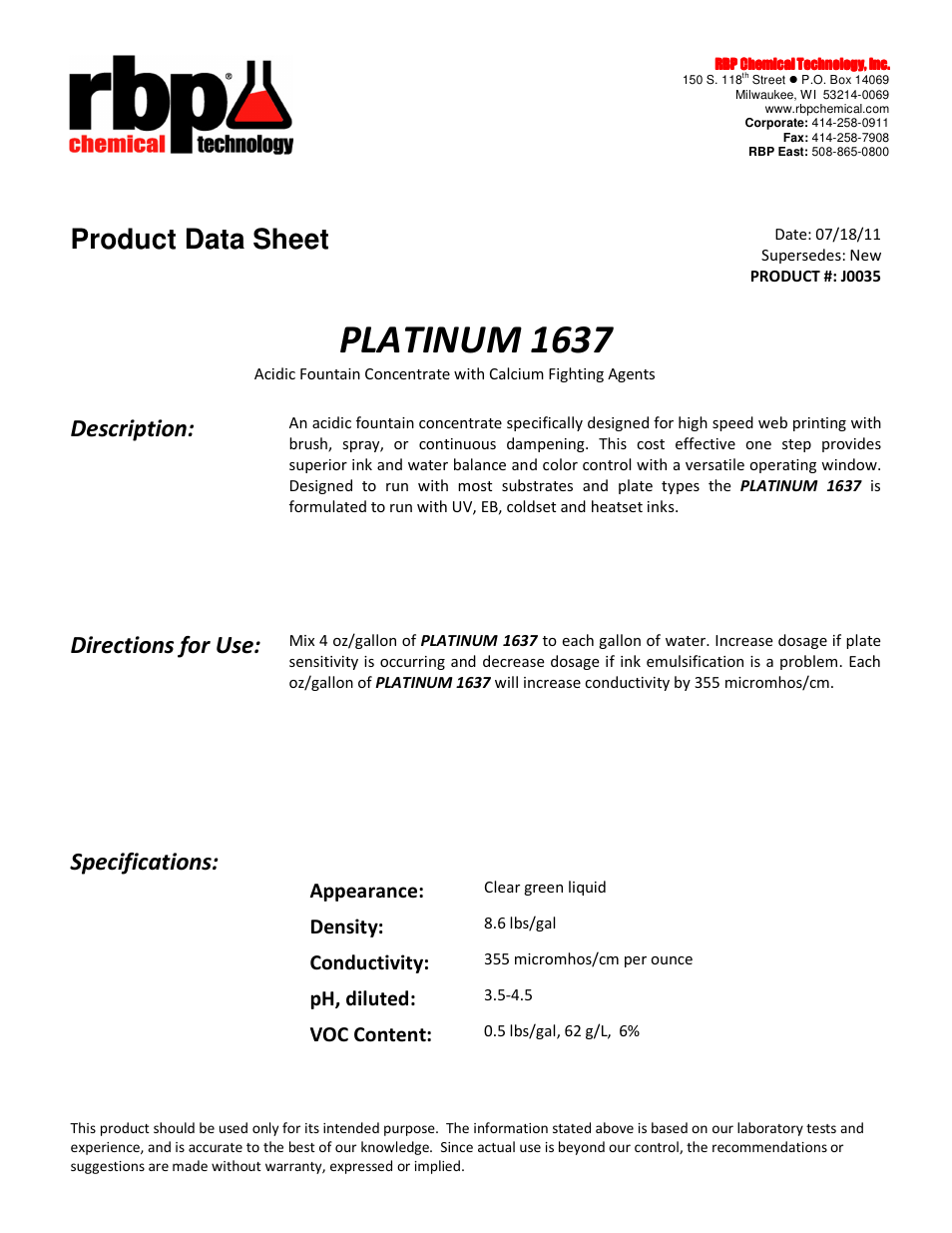 RBP Chemical Technology J0035 PLATINUM 1637 User Manual | 2 pages