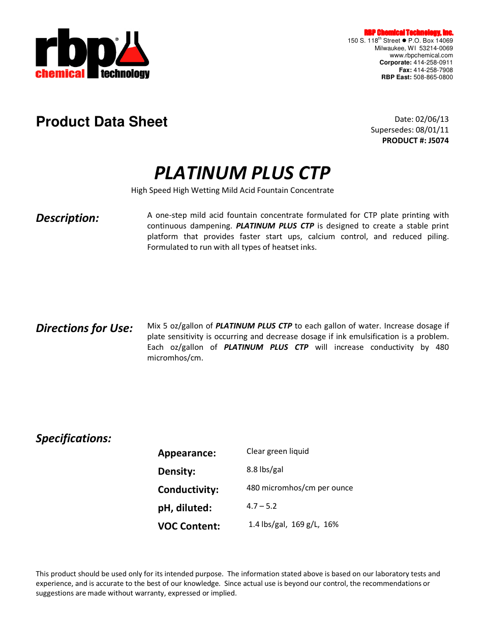 RBP Chemical Technology J5074 PLATINUM PLUS CTP User Manual | 2 pages