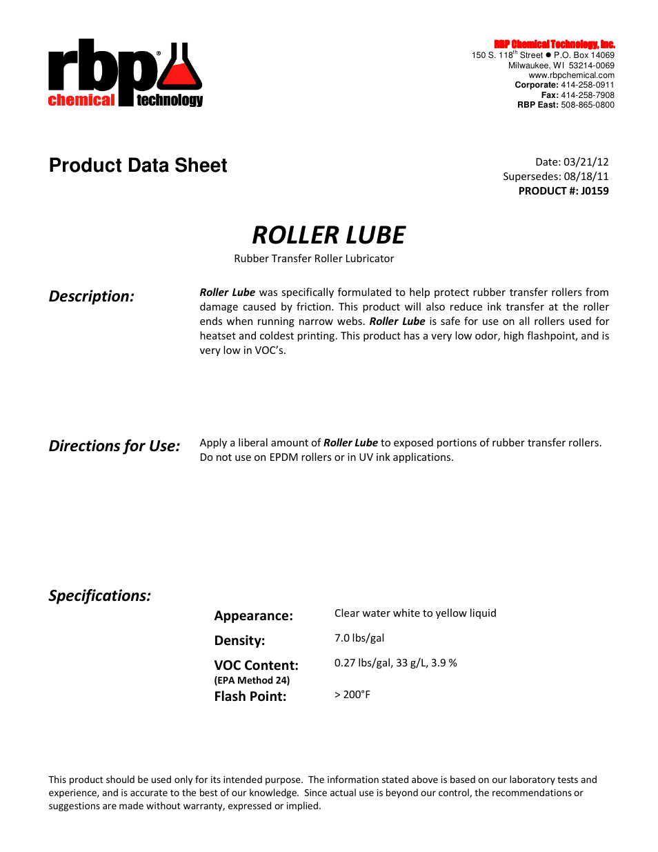 RBP Chemical Technology J0159 ROLLER LUBE User Manual | 1 page