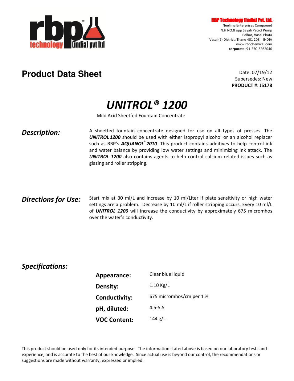 RBP Chemical Technology J5178 UNITROL 1200 User Manual | 2 pages