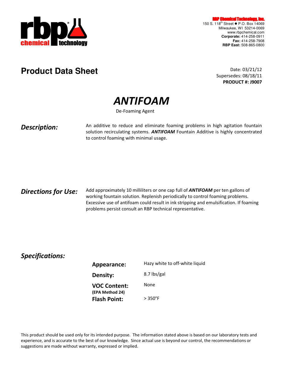 RBP Chemical Technology J9007 ANTIFOAM User Manual | 1 page