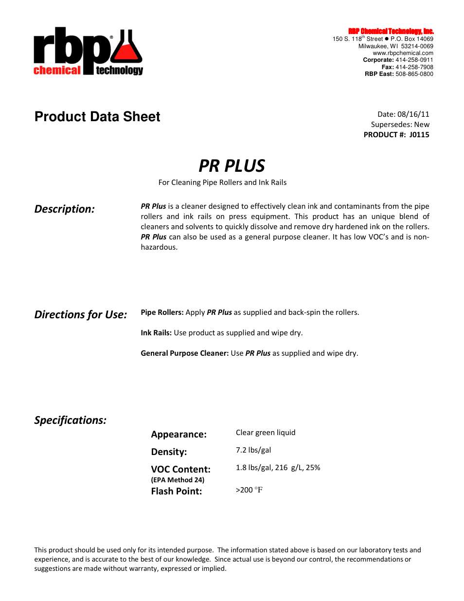 RBP Chemical Technology J0115 PR PLUS User Manual | 1 page