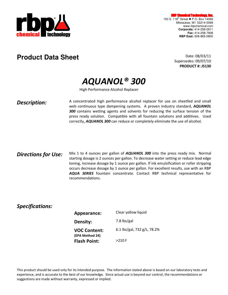 RBP Chemical Technology J5130 AQUANOL 300 User Manual | 1 page