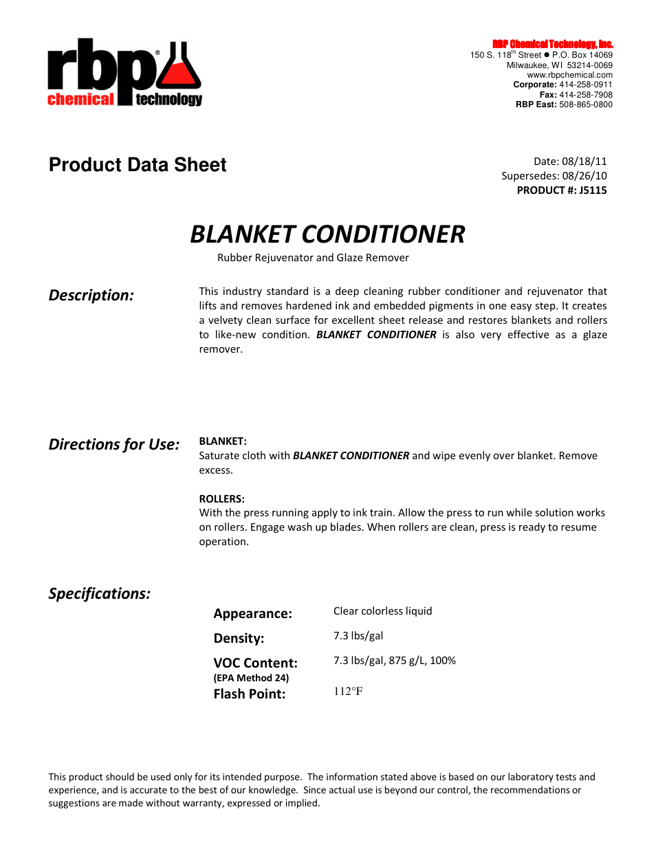 RBP Chemical Technology J5115 BLANKET CONDITIONER User Manual | 1 page
