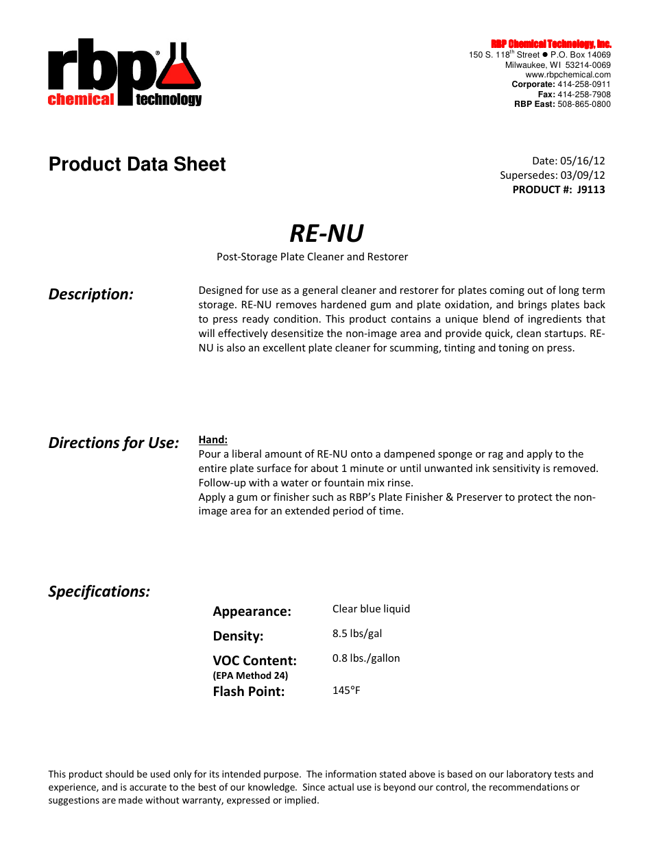 RBP Chemical Technology J9113 RE-NU User Manual | 1 page