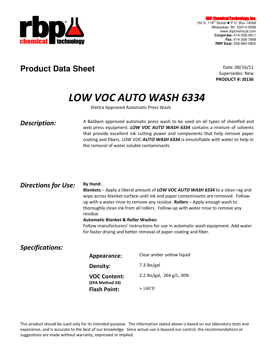 RBP Chemical Technology J0136 LOW VOC AUTO WASH 6334 User Manual | 1 page