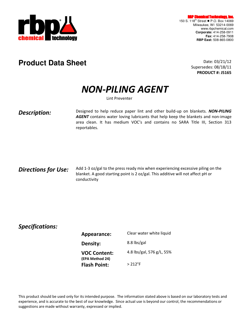 RBP Chemical Technology J5165 NON-PILING AGENT User Manual | 1 page