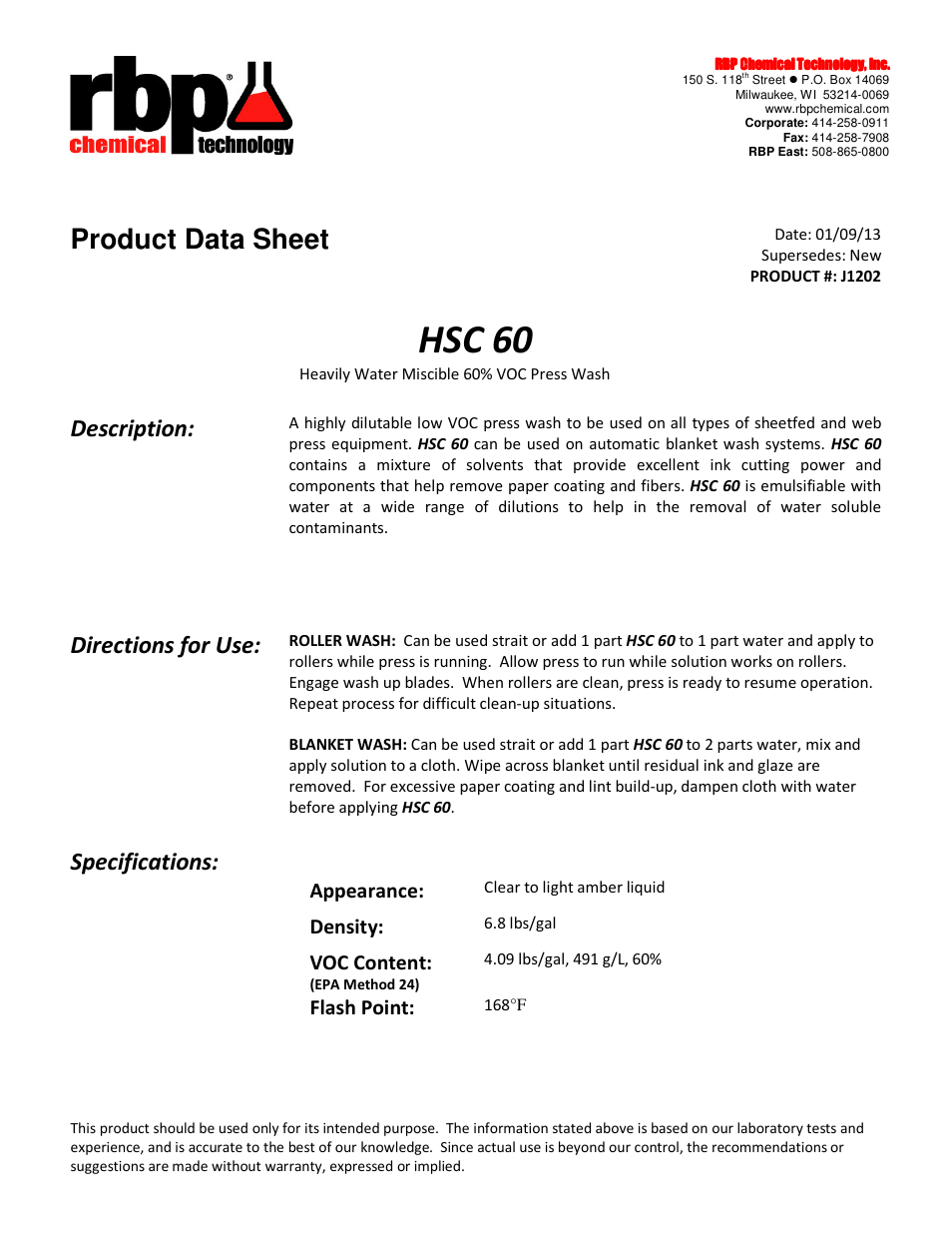 RBP Chemical Technology J1202 HSC 60 User Manual | 1 page