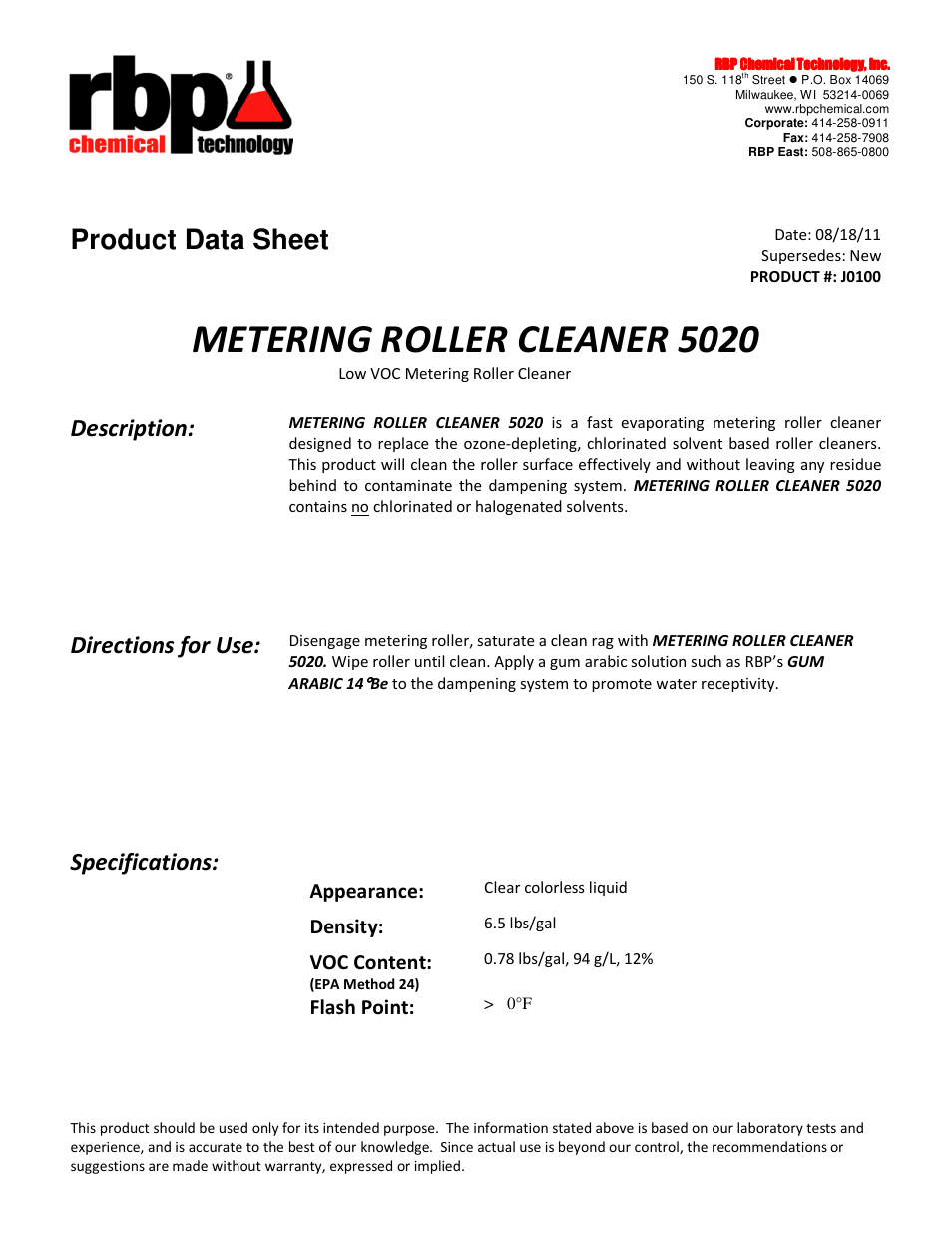 RBP Chemical Technology J0100 METERING ROLLER CLEANER 5020 User Manual | 1 page