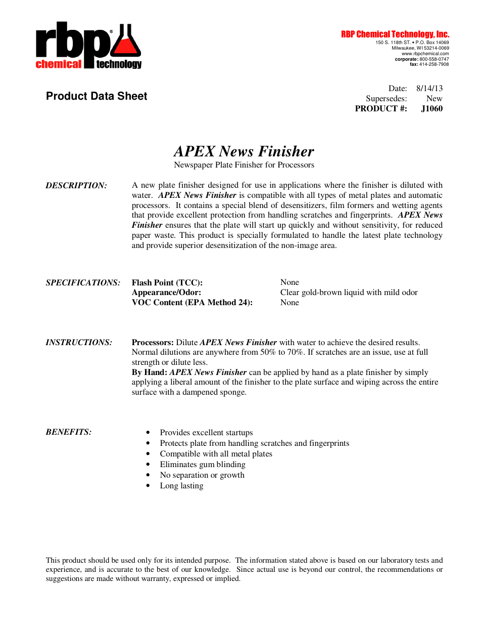 RBP Chemical Technology J1060 APEX News Finisher User Manual | 1 page