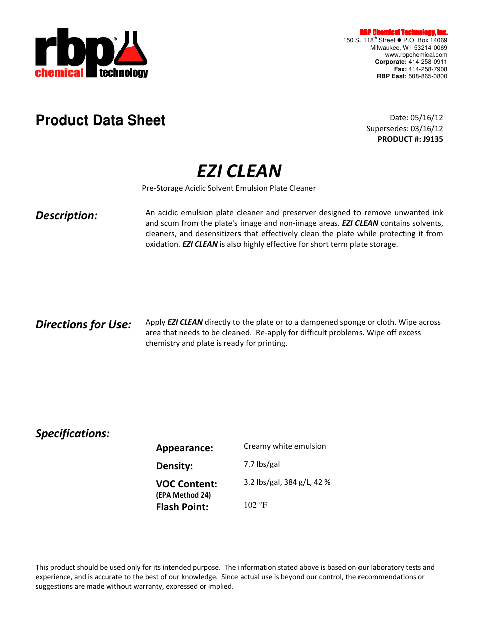 RBP Chemical Technology J9135 EZI CLEAN User Manual | 1 page