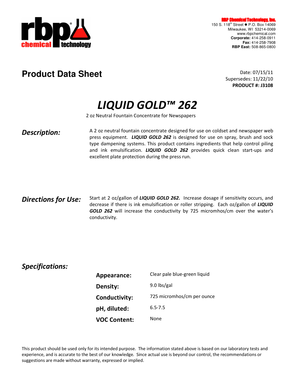 RBP Chemical Technology J3108 LIQUID GOLD 262 User Manual | 2 pages
