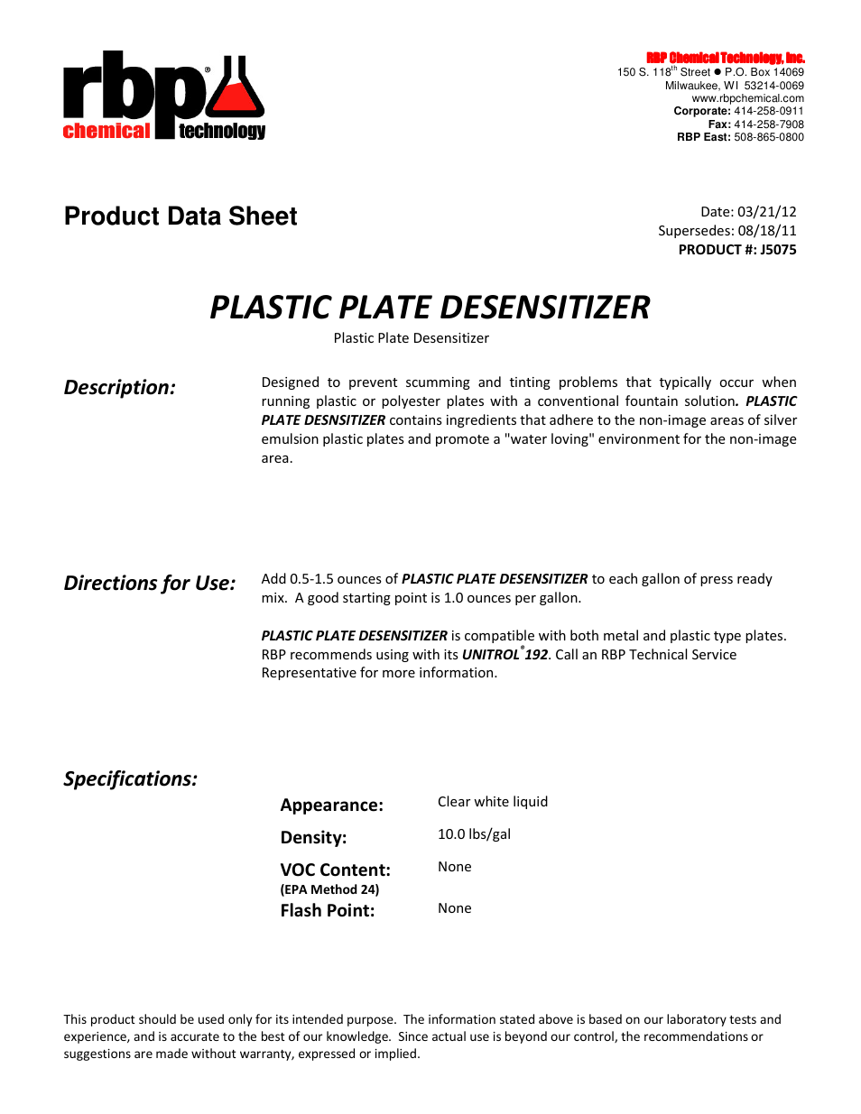 RBP Chemical Technology J5075 PLASTIC PLATE DESENSITIZER User Manual | 1 page