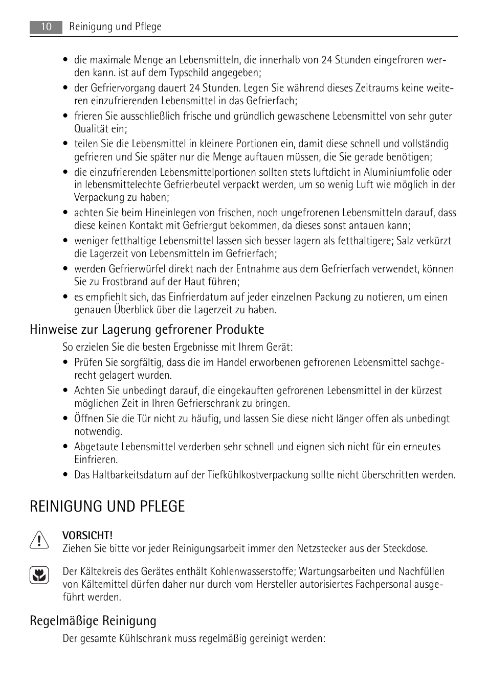 Reinigung und pflege, Hinweise zur lagerung gefrorener produkte, Regelmäßige reinigung | AEG ELECTROLUX AIK 2681 R User Manual | Page 10 / 92