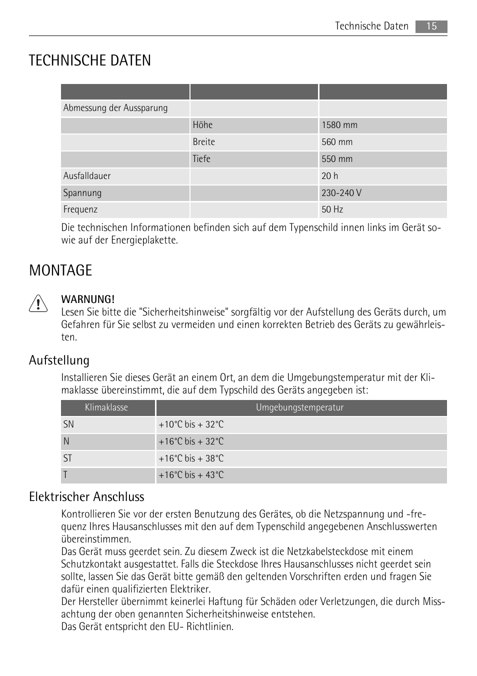Technische daten, Montage, Aufstellung | Elektrischer anschluss | AEG ELECTROLUX AIK 2681 R User Manual | Page 15 / 92