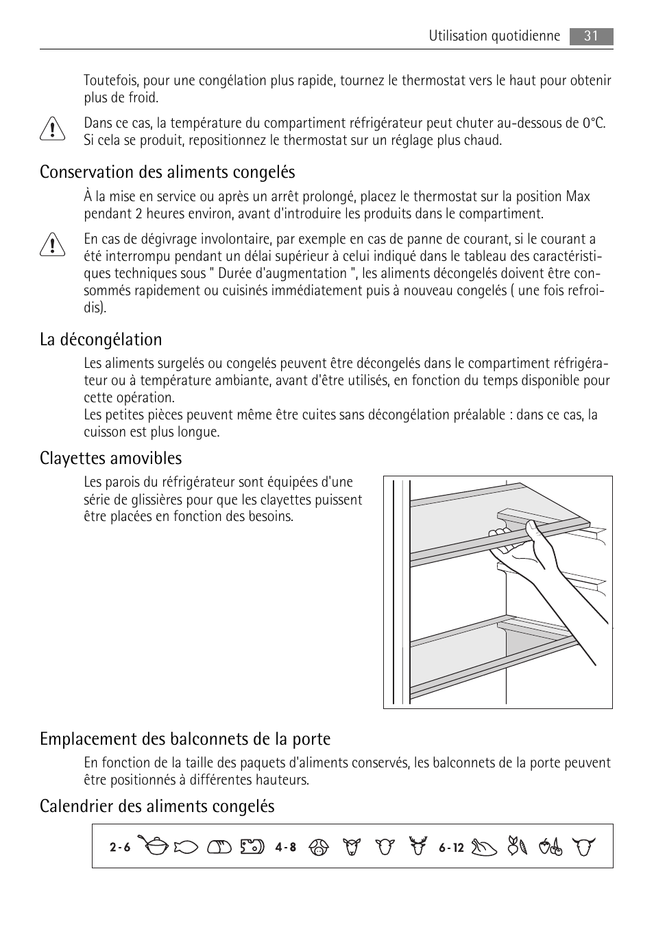Conservation des aliments congelés, La décongélation, Clayettes amovibles | Emplacement des balconnets de la porte, Calendrier des aliments congelés | AEG ELECTROLUX AIK 2681 R User Manual | Page 31 / 92