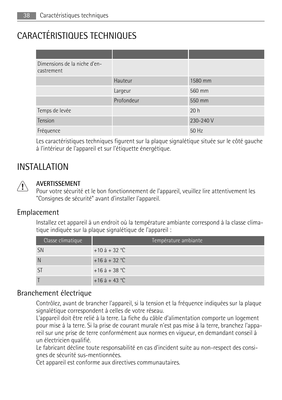 Caractéristiques techniques, Installation, Emplacement | Branchement électrique | AEG ELECTROLUX AIK 2681 R User Manual | Page 38 / 92