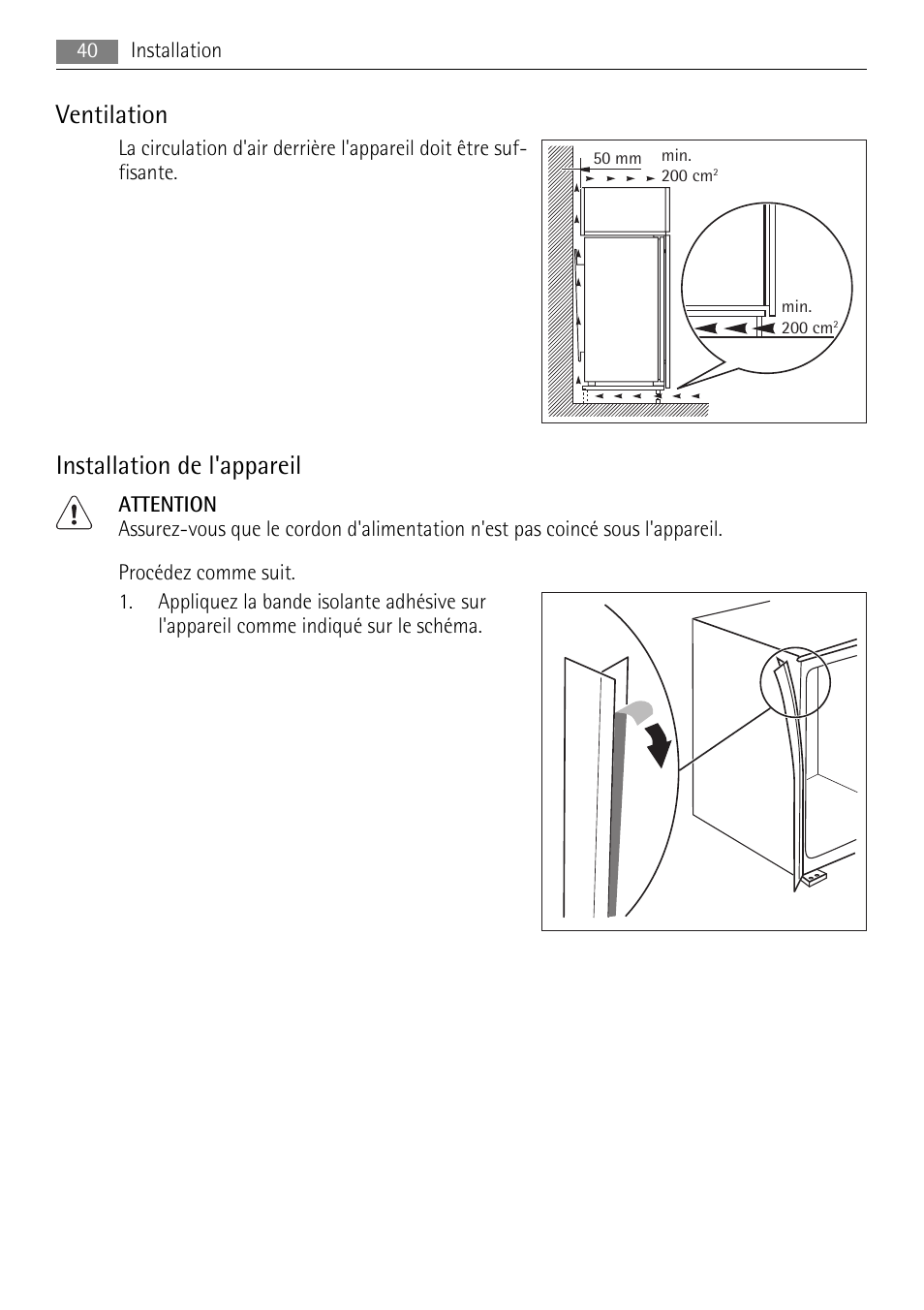 Ventilation, Installation de l'appareil | AEG ELECTROLUX AIK 2681 R User Manual | Page 40 / 92