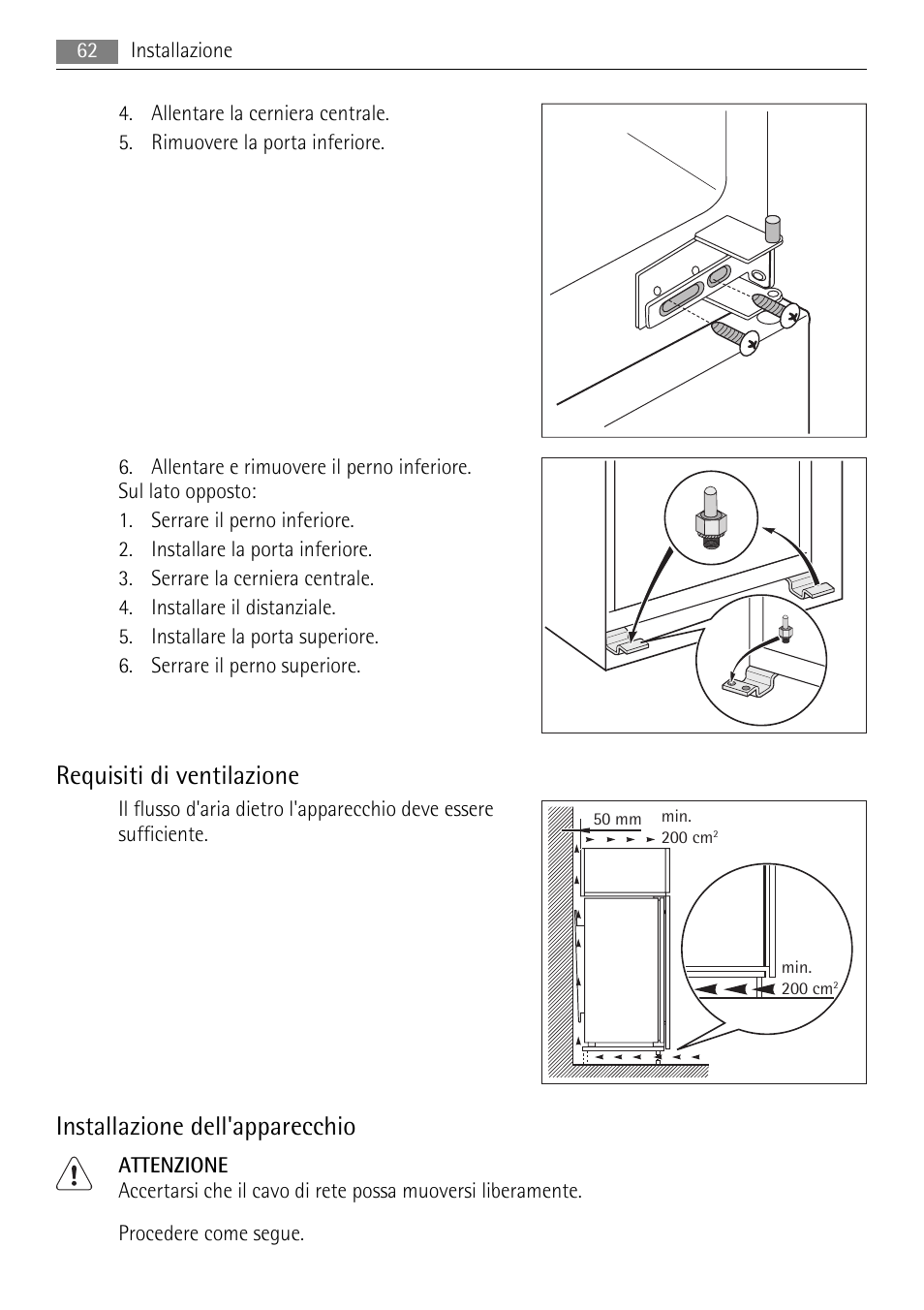 Requisiti di ventilazione, Installazione dell'apparecchio | AEG ELECTROLUX AIK 2681 R User Manual | Page 62 / 92