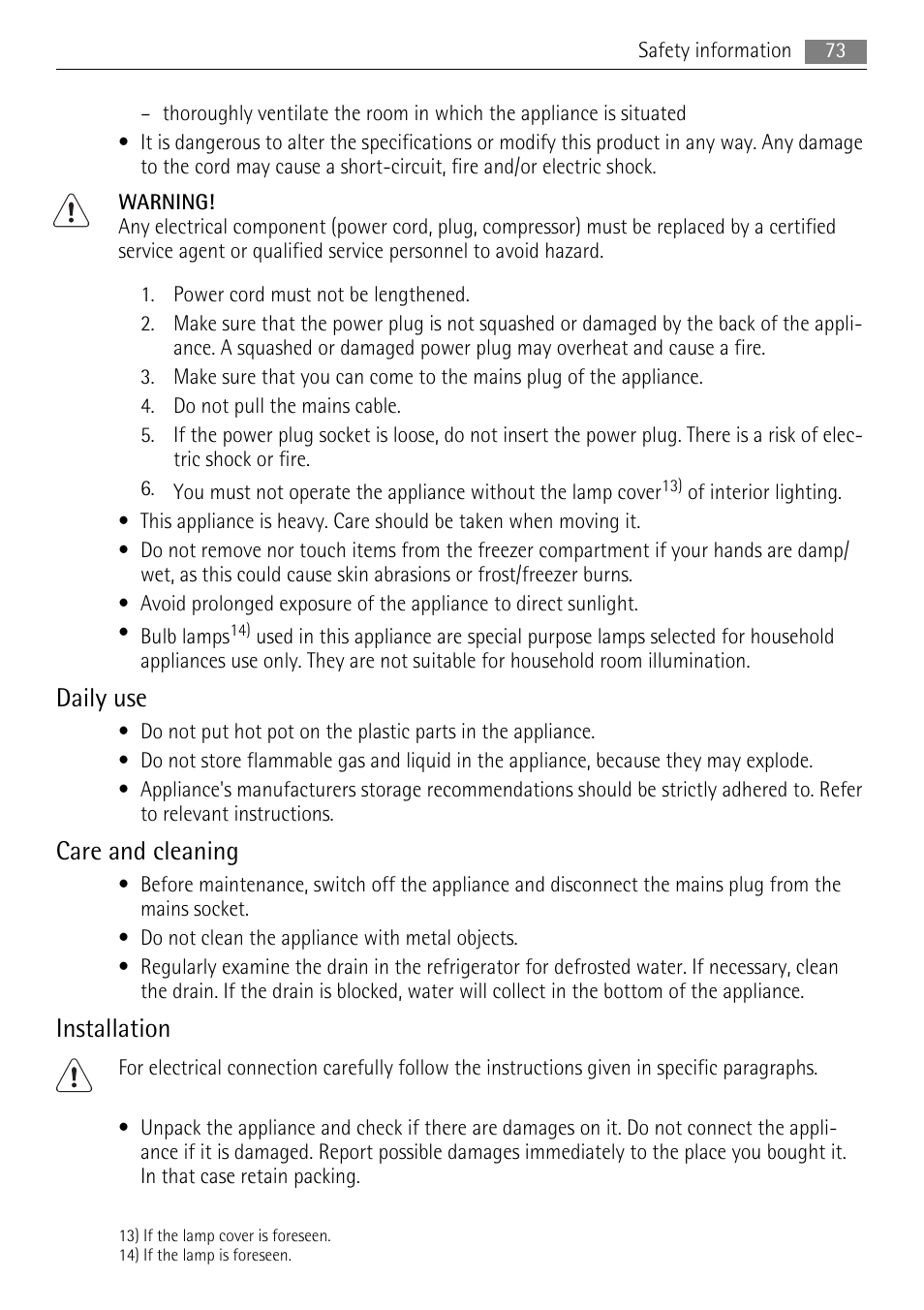 Daily use, Care and cleaning, Installation | AEG ELECTROLUX AIK 2681 R User Manual | Page 73 / 92