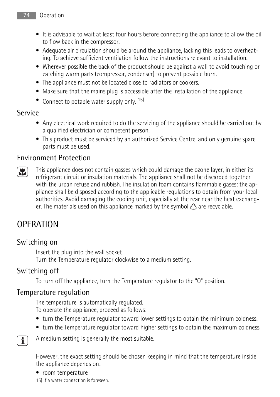 Operation, Service, Environment protection | Switching on, Switching off, Temperature regulation | AEG ELECTROLUX AIK 2681 R User Manual | Page 74 / 92