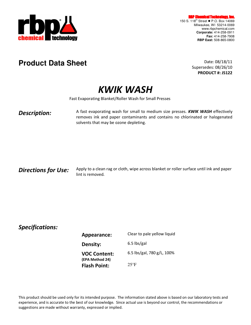 RBP Chemical Technology J5122 KWIK WASH User Manual | 1 page