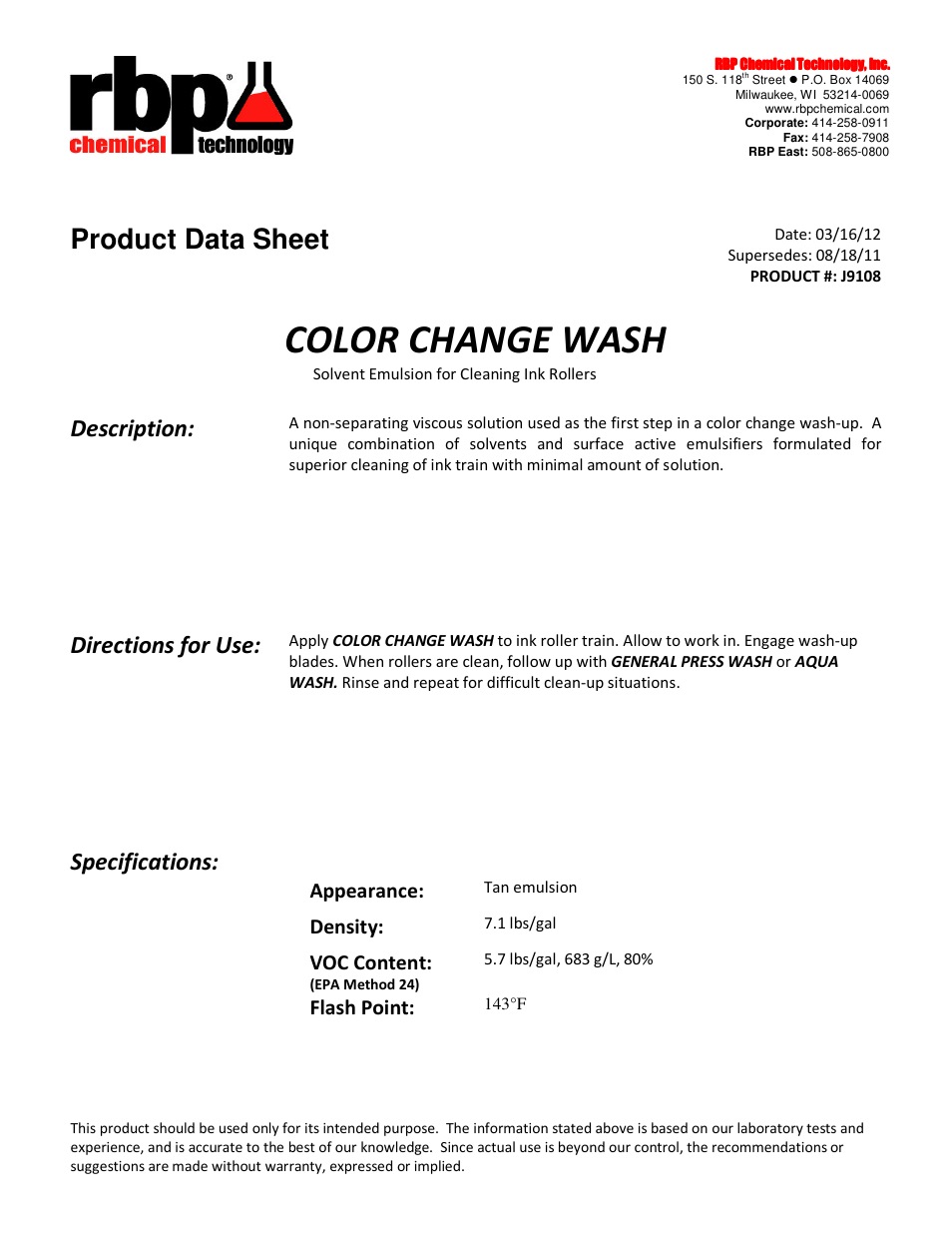 RBP Chemical Technology J9108 COLOR CHANGE WASH User Manual | 1 page