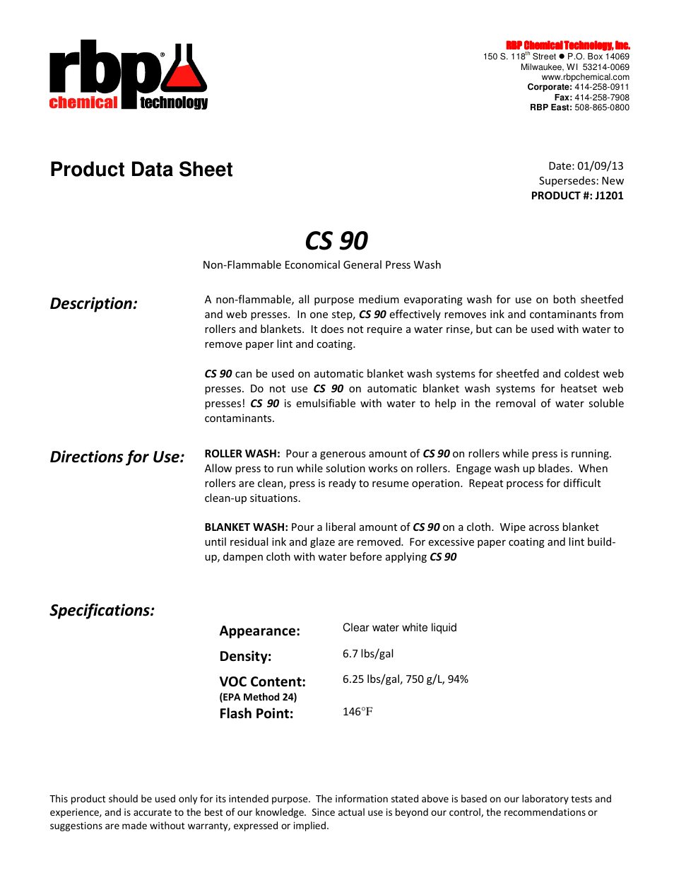 RBP Chemical Technology J1201 CS 90 User Manual | 1 page