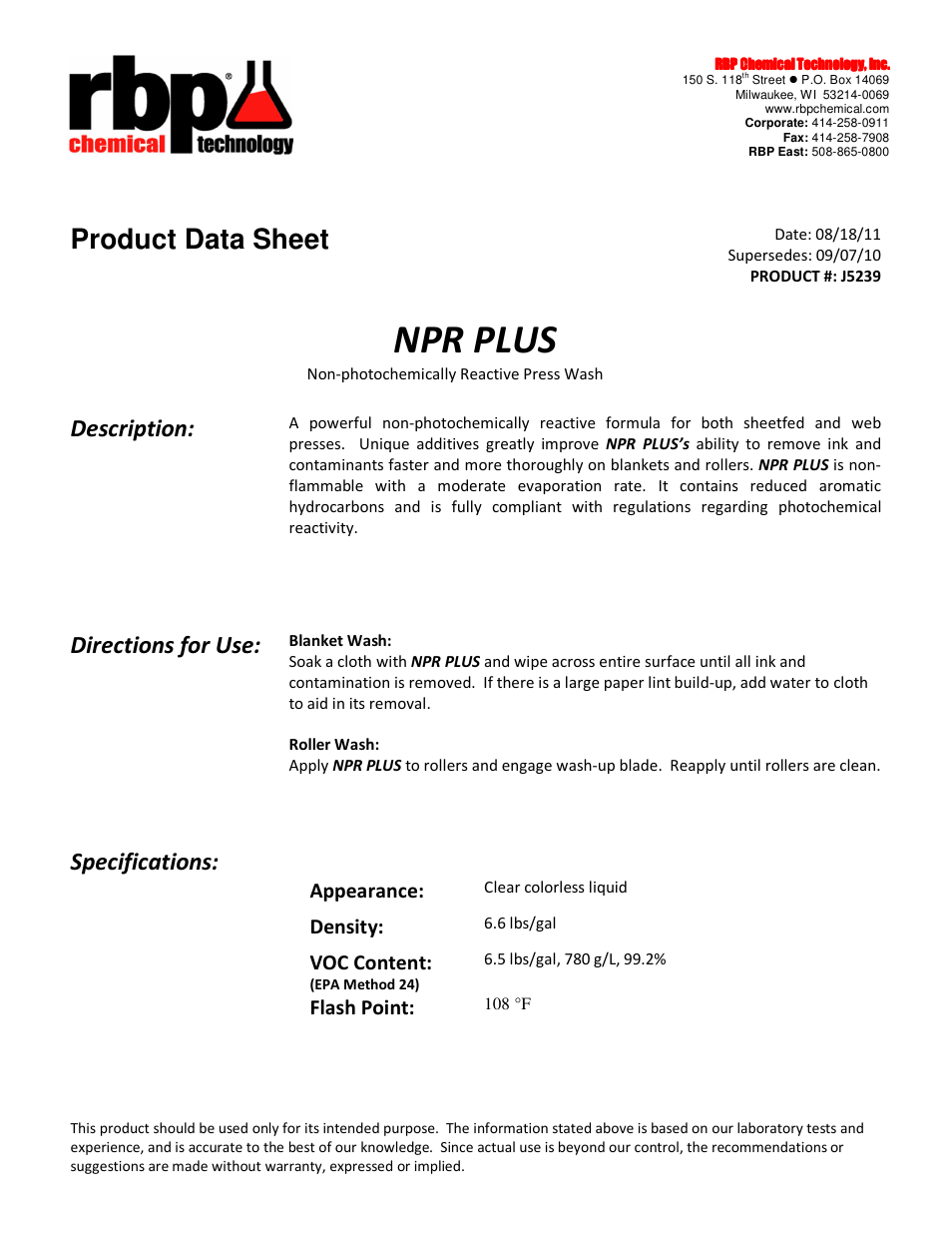 RBP Chemical Technology J5239 NPR PLUS User Manual | 1 page