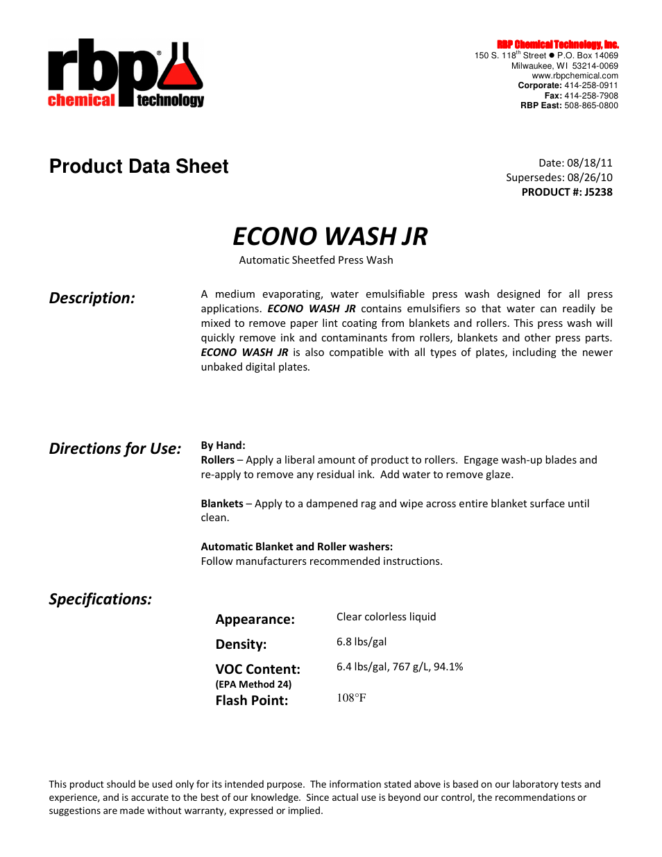 RBP Chemical Technology J5238 ECONO WASH JR User Manual | 1 page