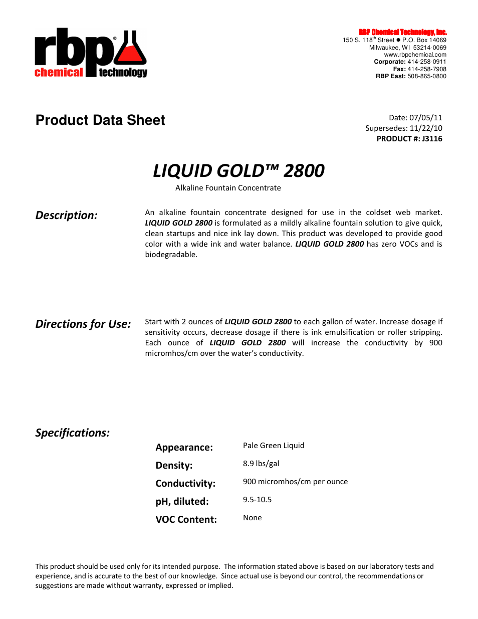 RBP Chemical Technology J3116 LIQUID GOLD 2800 User Manual | 2 pages
