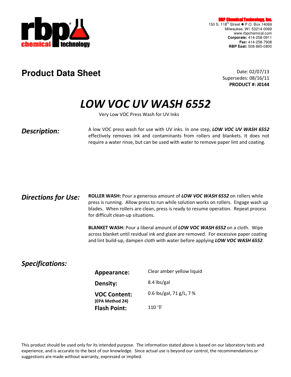 RBP Chemical Technology J0144 LOW VOC UV WASH 6552 User Manual | 1 page