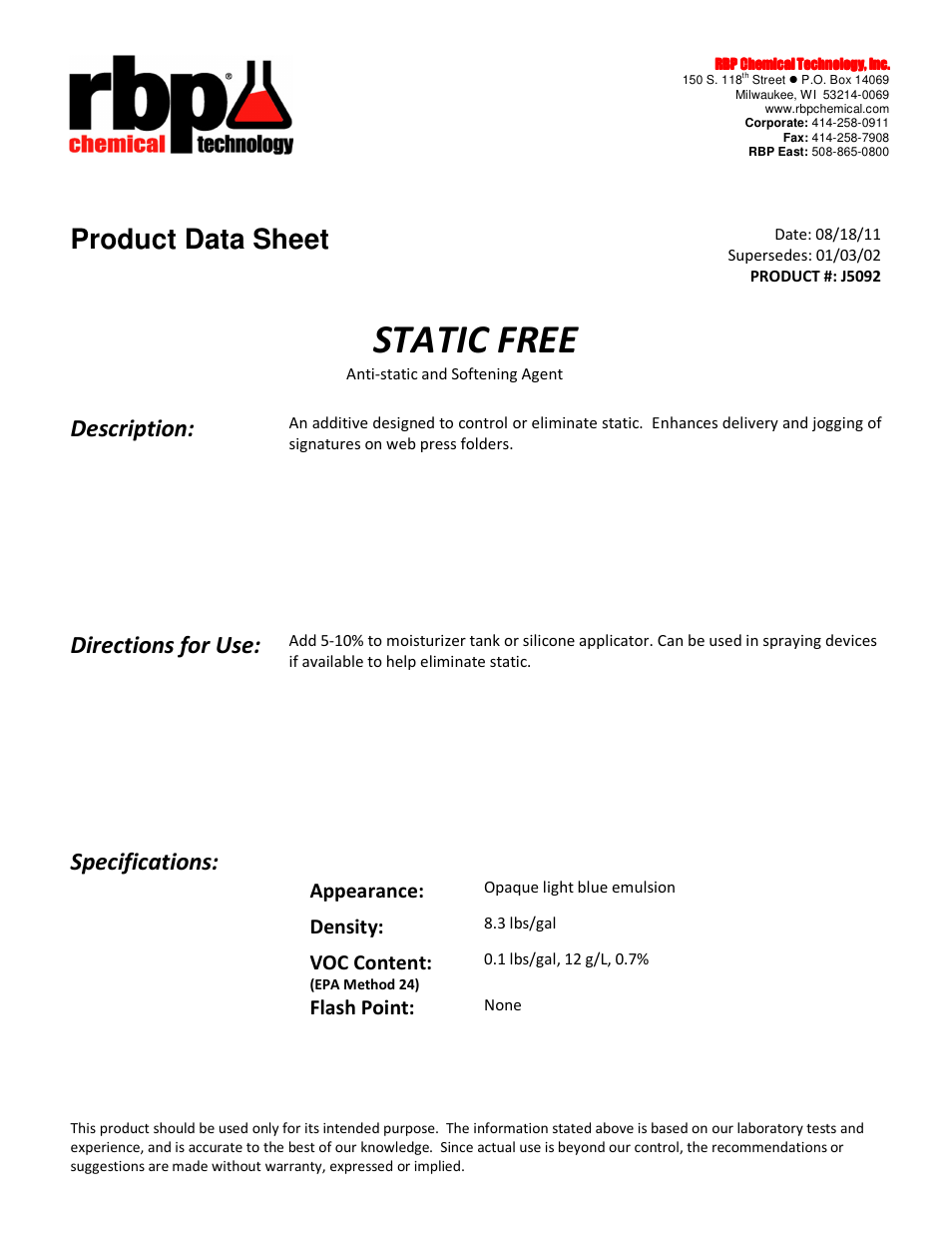 RBP Chemical Technology J5092 STATIC FREE User Manual | 1 page