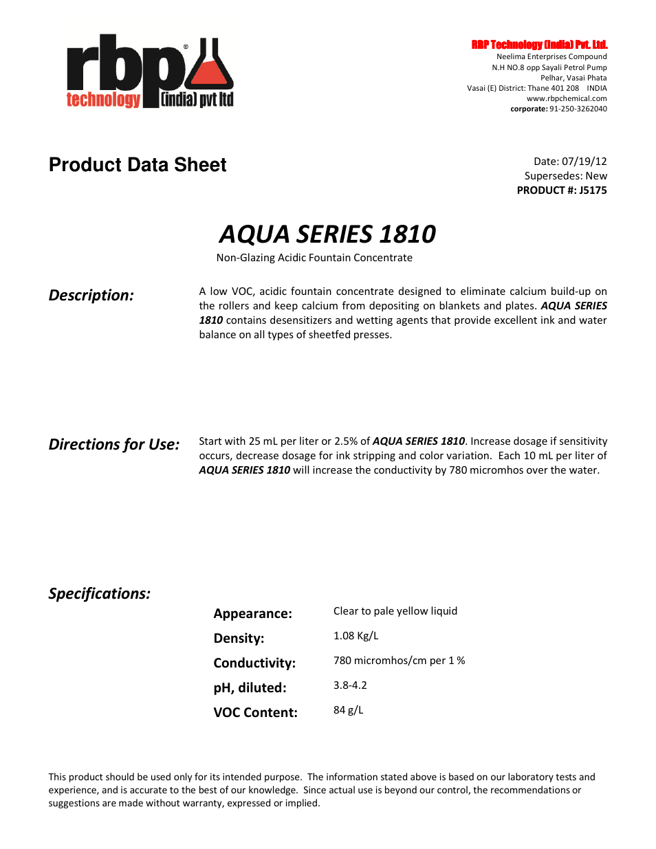 RBP Chemical Technology J5175 AQUA SERIES 1810 User Manual | 2 pages