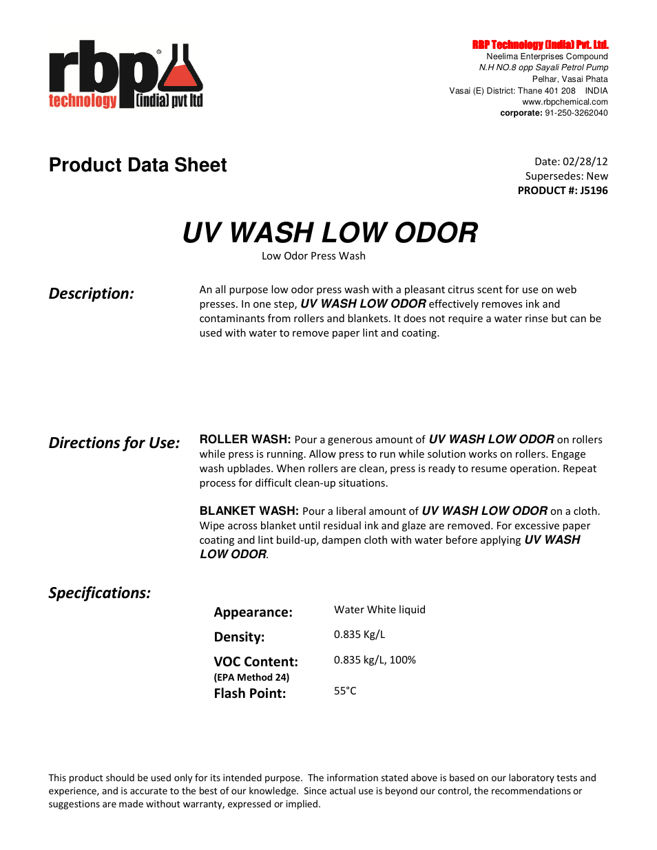 RBP Chemical Technology J5196 UV WASH LOW ODOR User Manual | 1 page