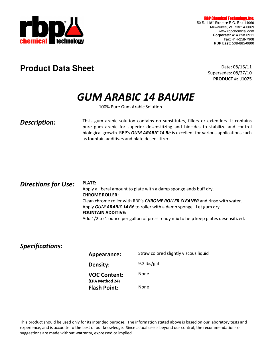 RBP Chemical Technology J1075 GUM ARABIC 14 BAUME User Manual | 1 page