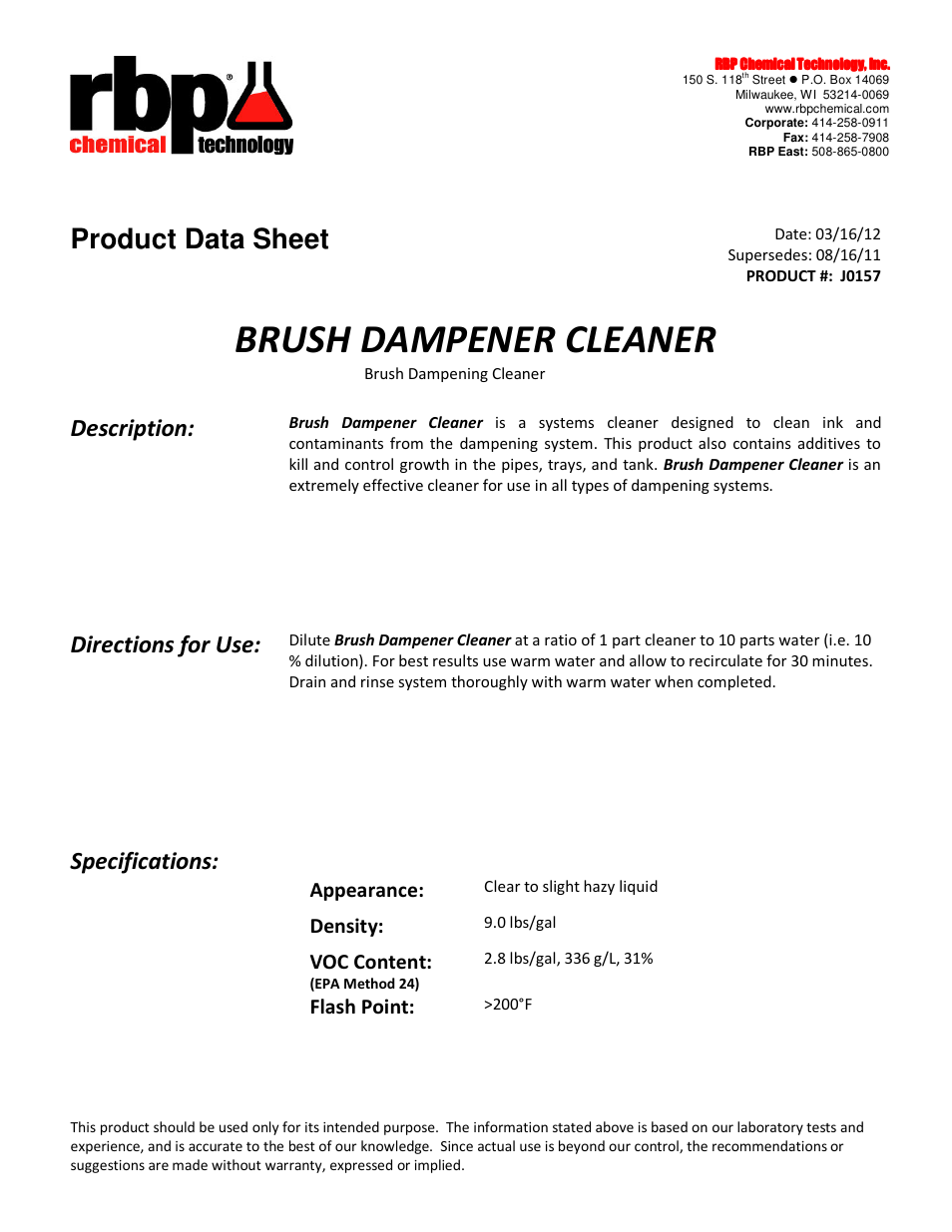RBP Chemical Technology J0157 BRUSH DAMPENER CLEANER User Manual | 1 page