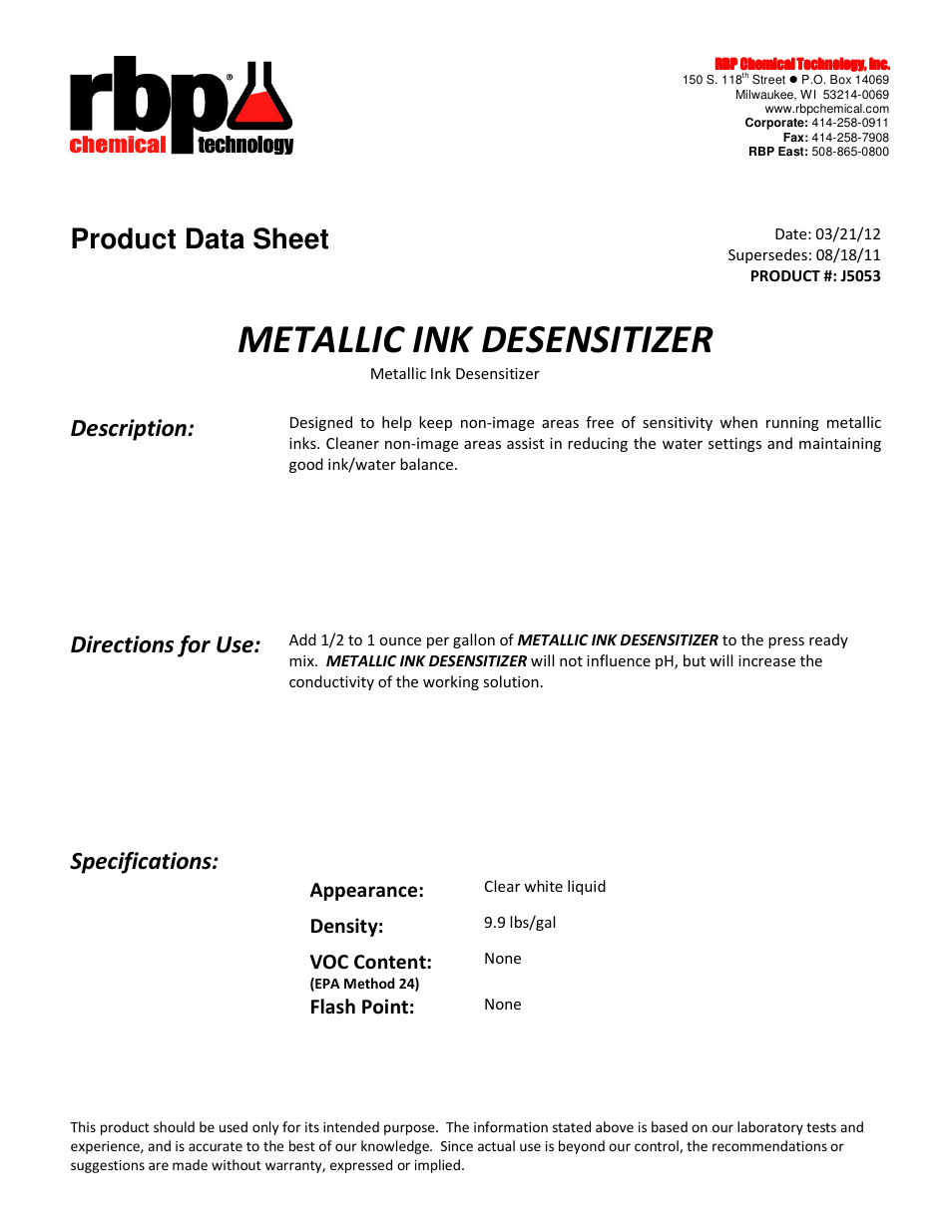 RBP Chemical Technology J5053 METALLIC INK DESENSITIZER User Manual | 1 page