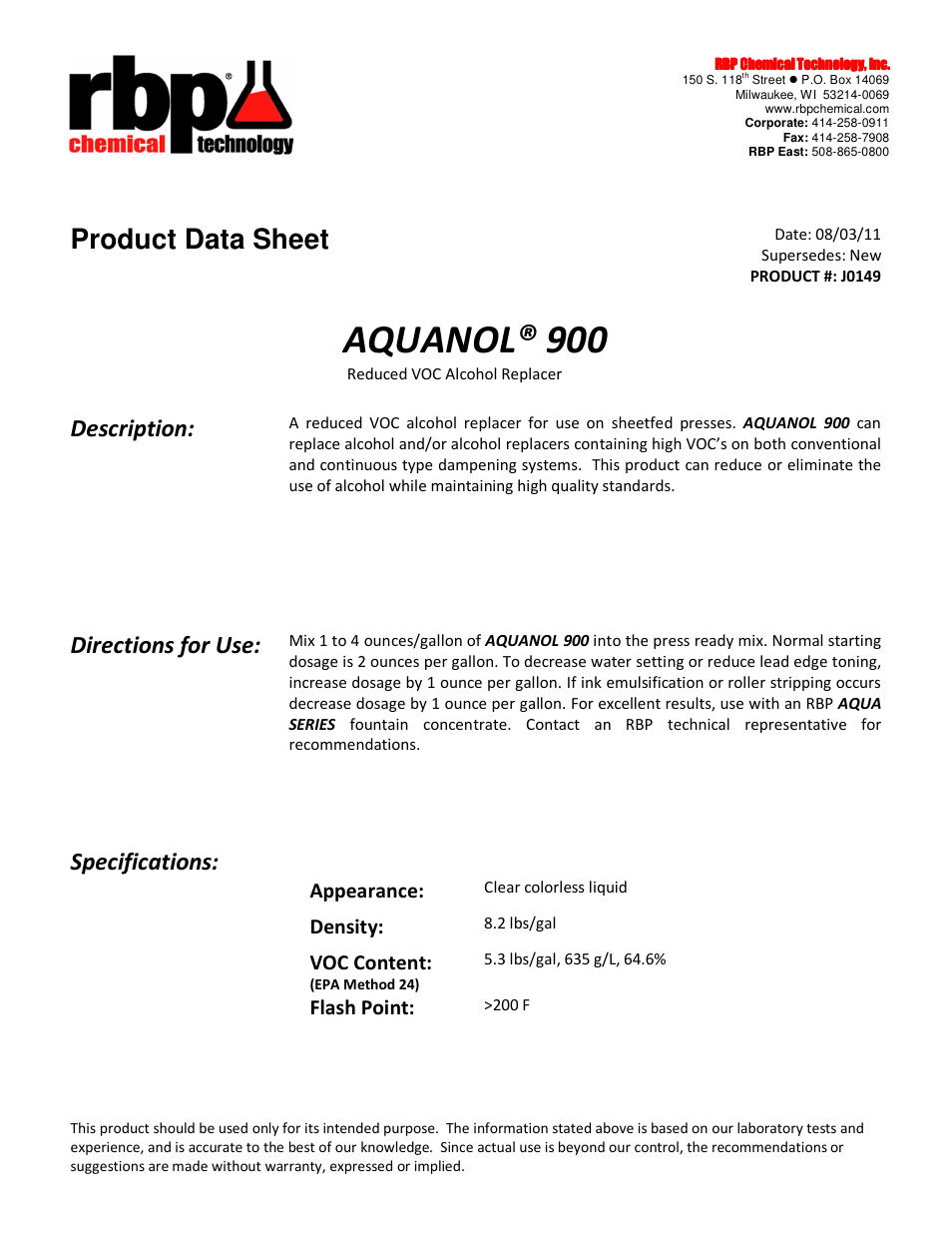 RBP Chemical Technology J0149 AQUANOL 900 User Manual | 1 page