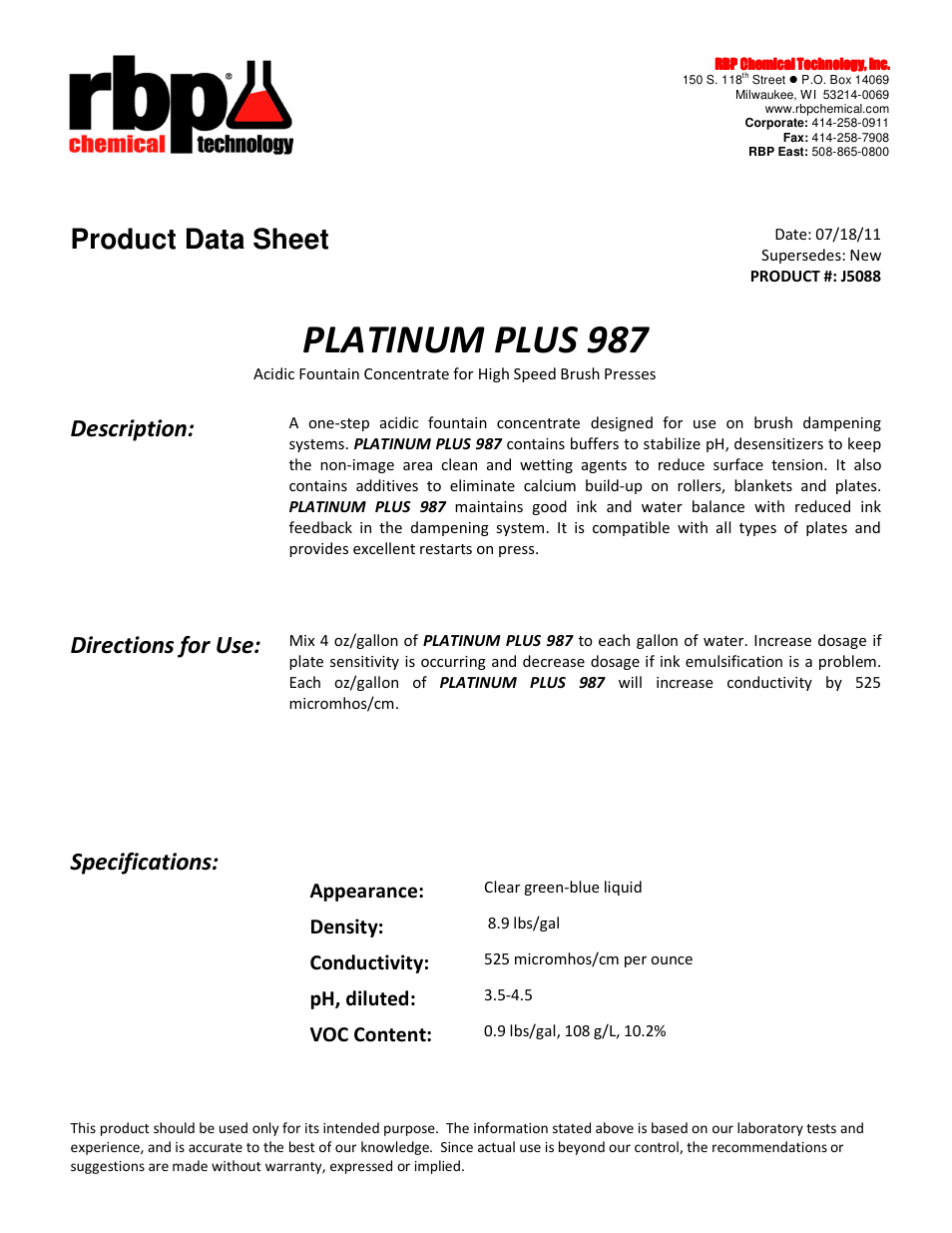 RBP Chemical Technology J5088 PLATINUM PLUS 987 User Manual | 2 pages