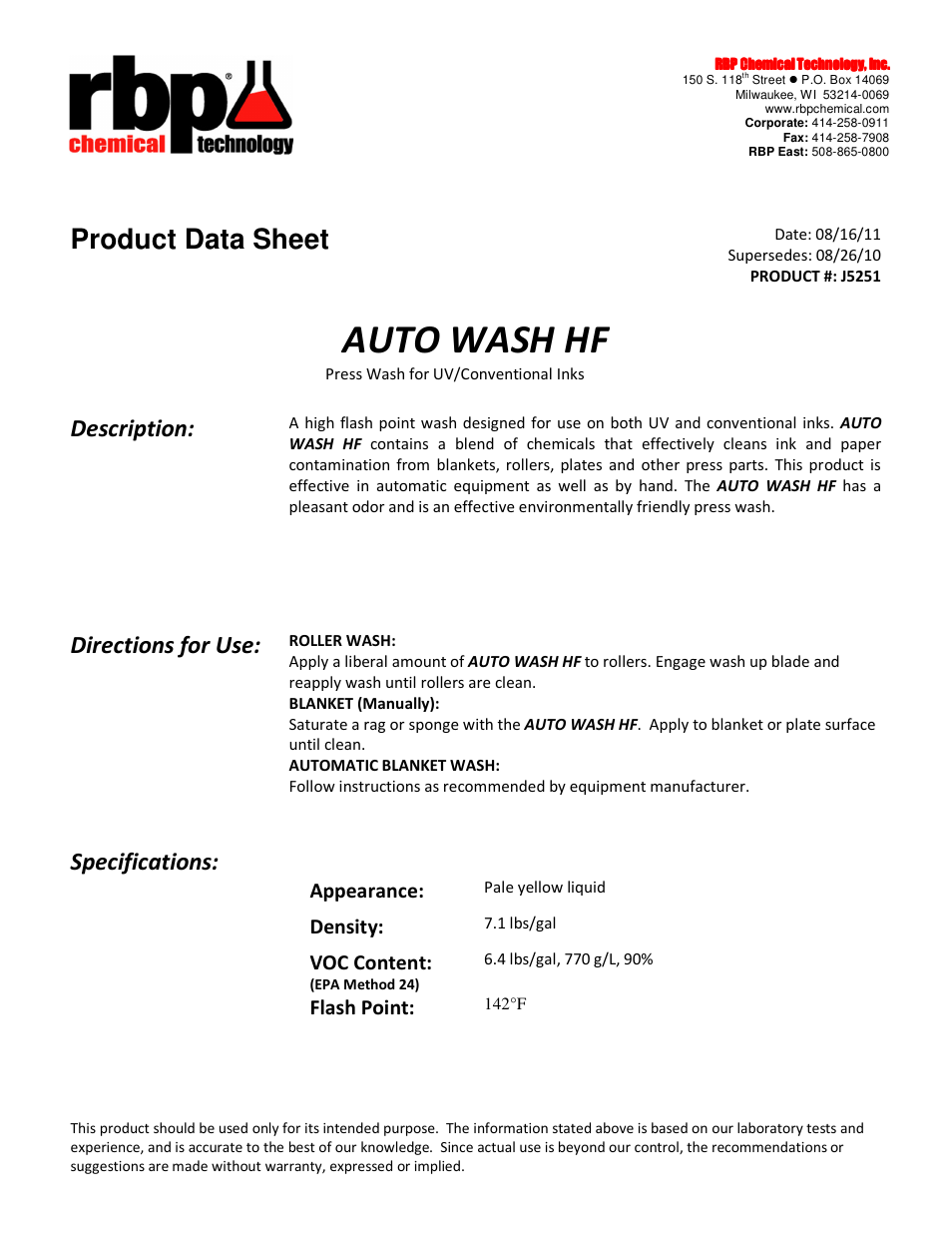 RBP Chemical Technology J5251 AUTO WASH HF User Manual | 1 page