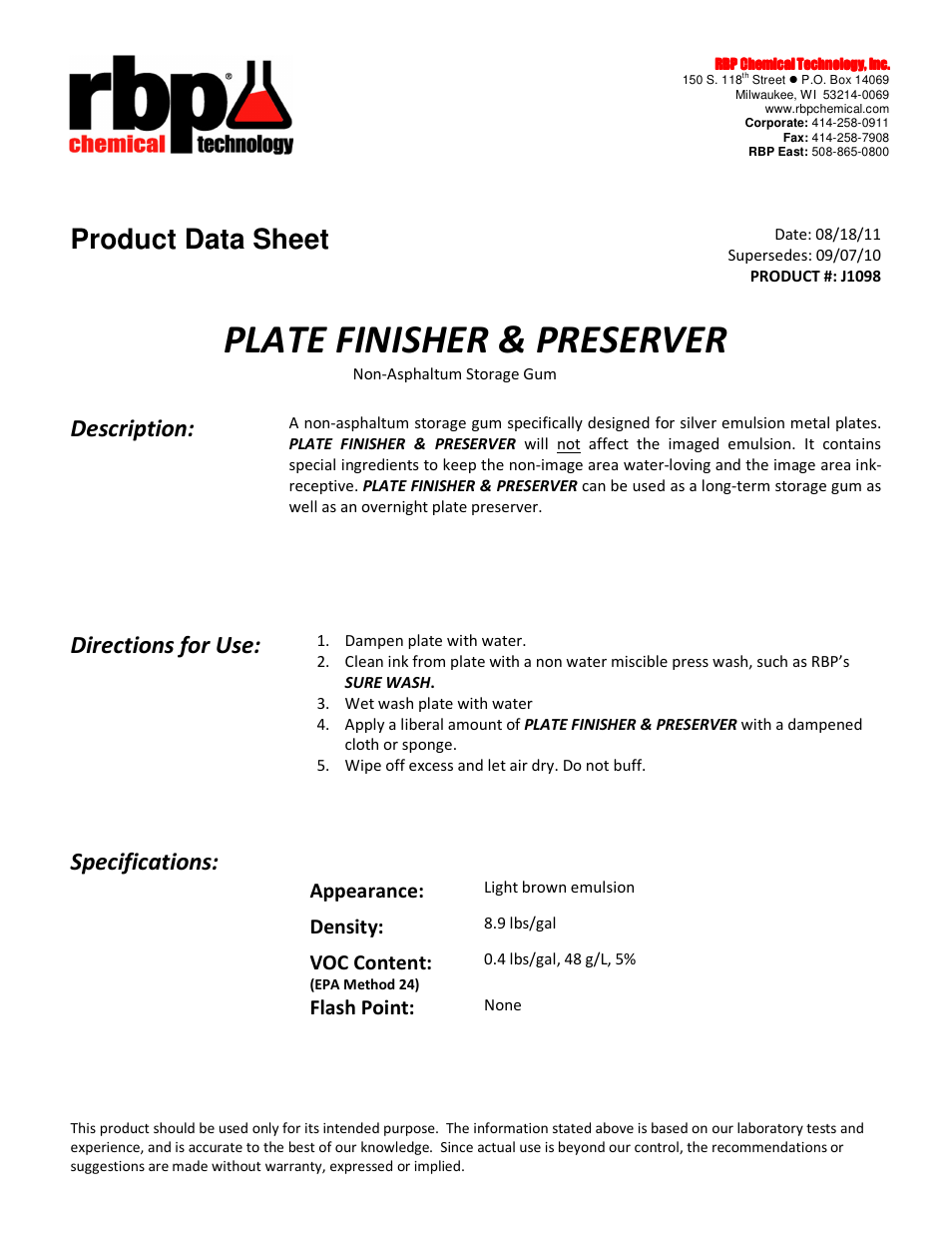 RBP Chemical Technology J1098 PLATE FINISHER & PRESERVER User Manual | 1 page