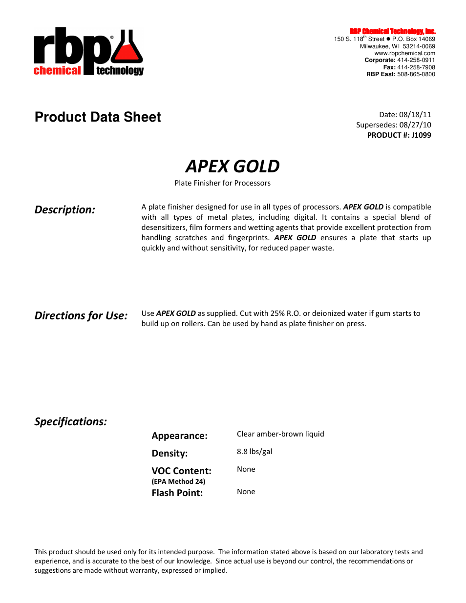 RBP Chemical Technology J1099 APEX GOLD User Manual | 1 page