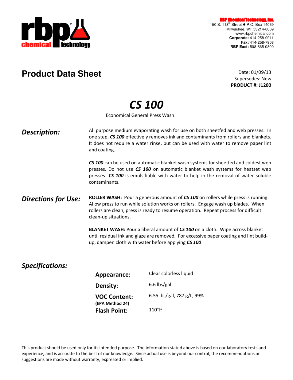 RBP Chemical Technology J1200 CS 100 User Manual | 1 page