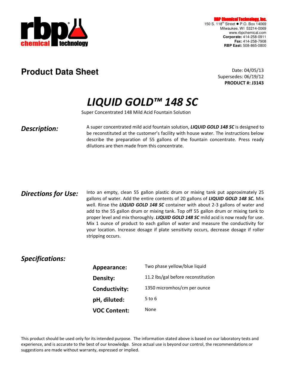 RBP Chemical Technology J3143 LIQUID GOLD 148SC User Manual | 2 pages