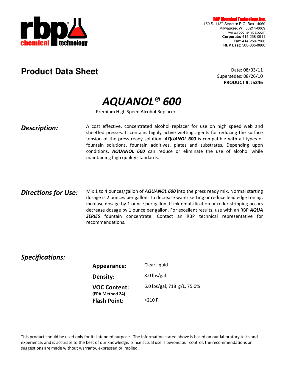 RBP Chemical Technology J5246 AQUANOL 600 User Manual | 1 page