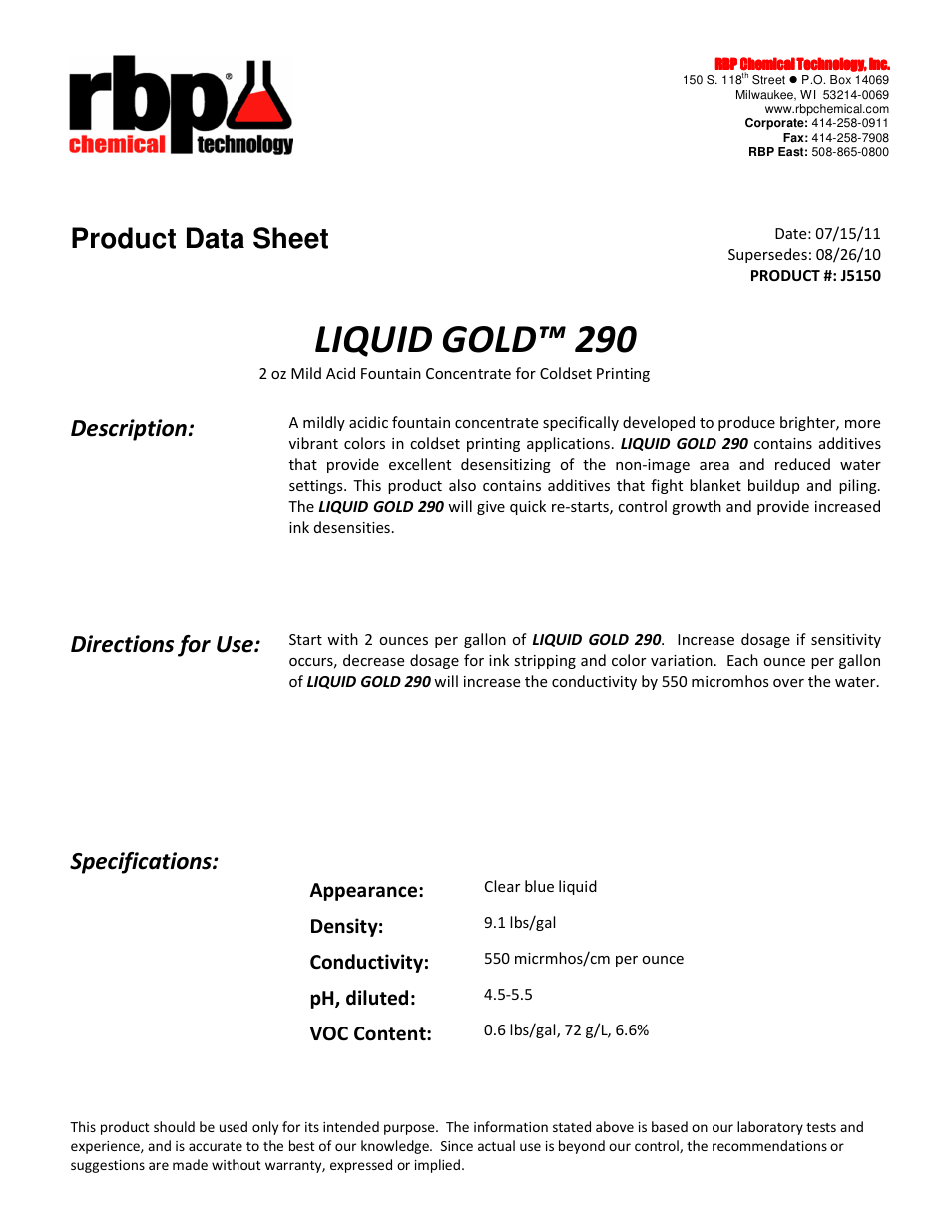 RBP Chemical Technology J5150 LIQUID GOLD 290 User Manual | 2 pages