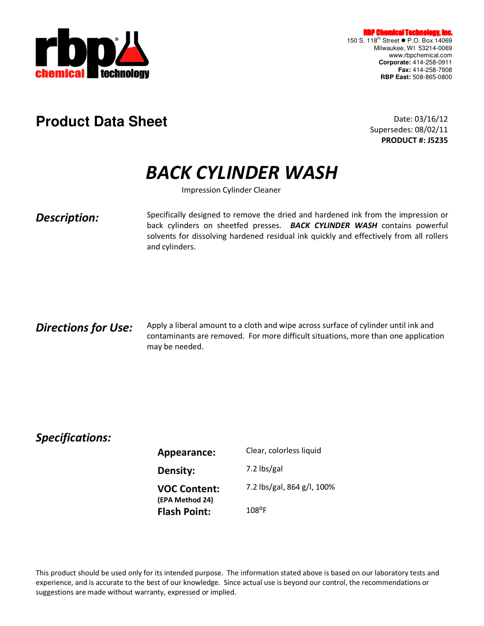 RBP Chemical Technology J5235 BACK CYLINDER WASH User Manual | 1 page