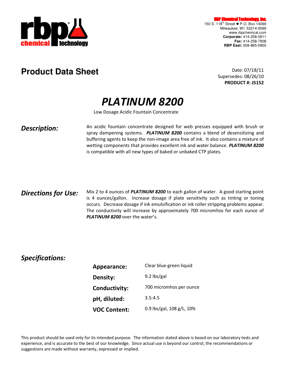 RBP Chemical Technology J5152 PLATINUM 8200 User Manual | 2 pages