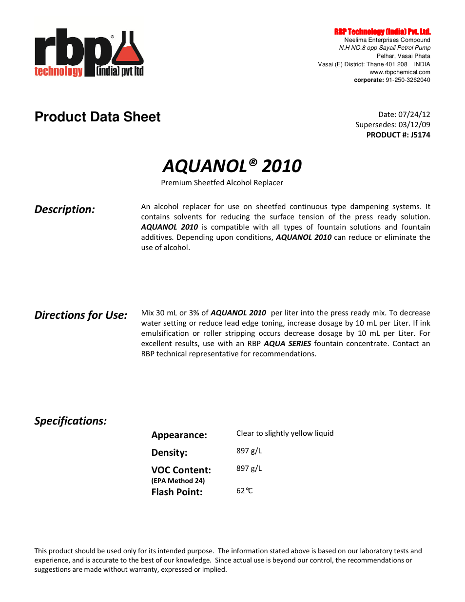RBP Chemical Technology J5174 AQUANOL 2010 User Manual | 1 page